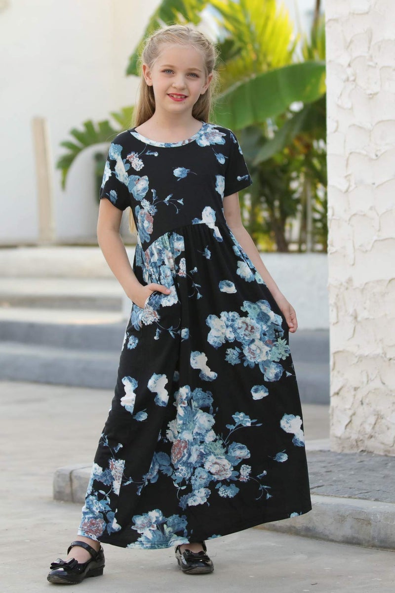 GORLYA Girl's Short Sleeve Floral Print Loose Casual Long Maxi Dress with Pockets 4-12 Years (11-12Years/Height:150cm, Blue Print) - Image 4